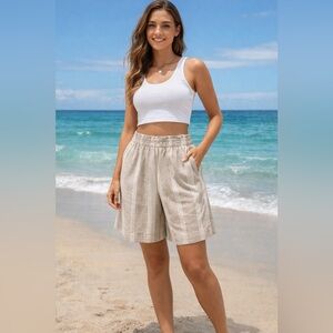 Adyson Parker High-Waisted Linen-Blend Wide-Leg Shorts with vertical stripes L